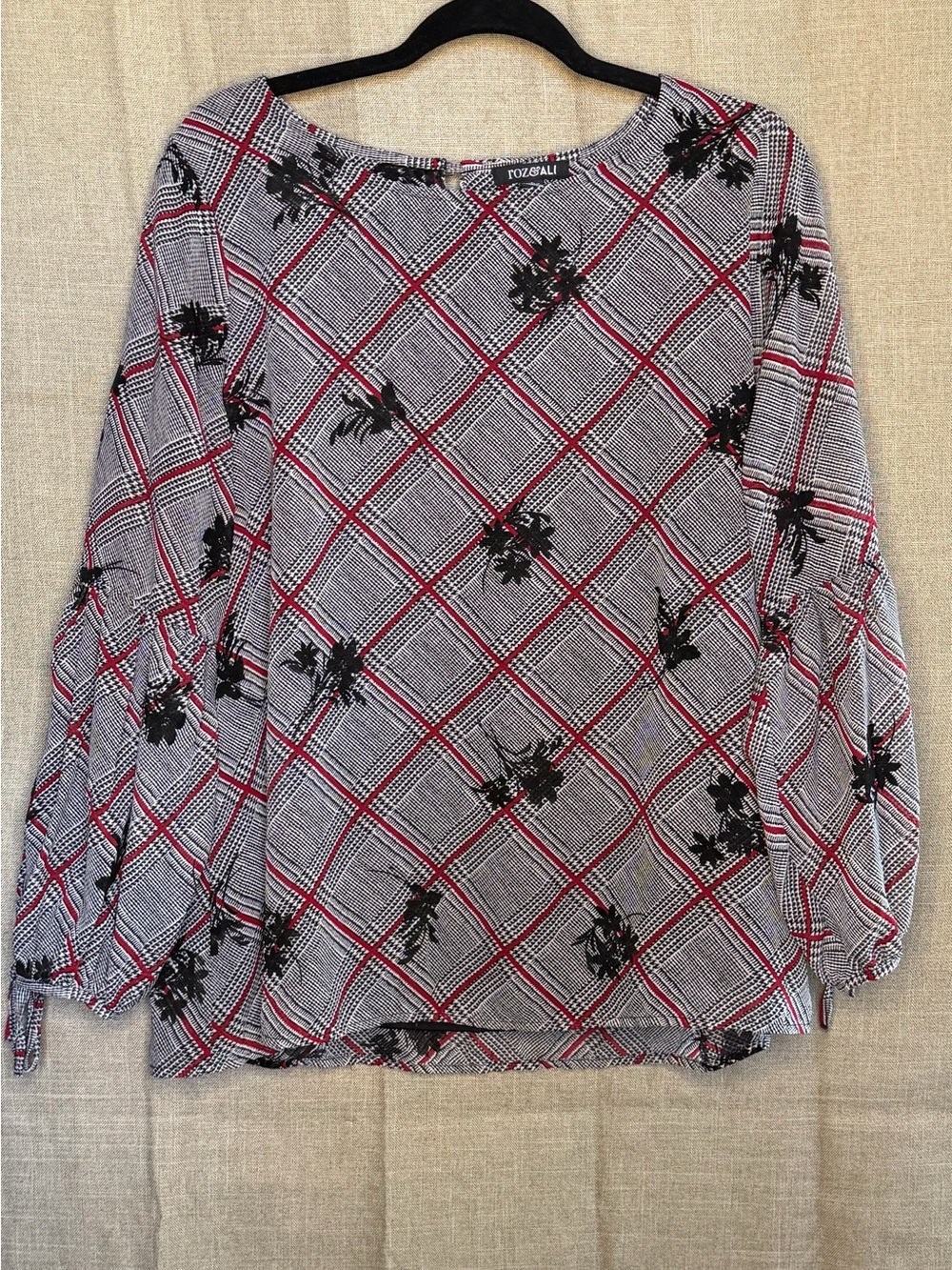 Roz & Ali Plaid Floral Bell Sleeve Blouse
